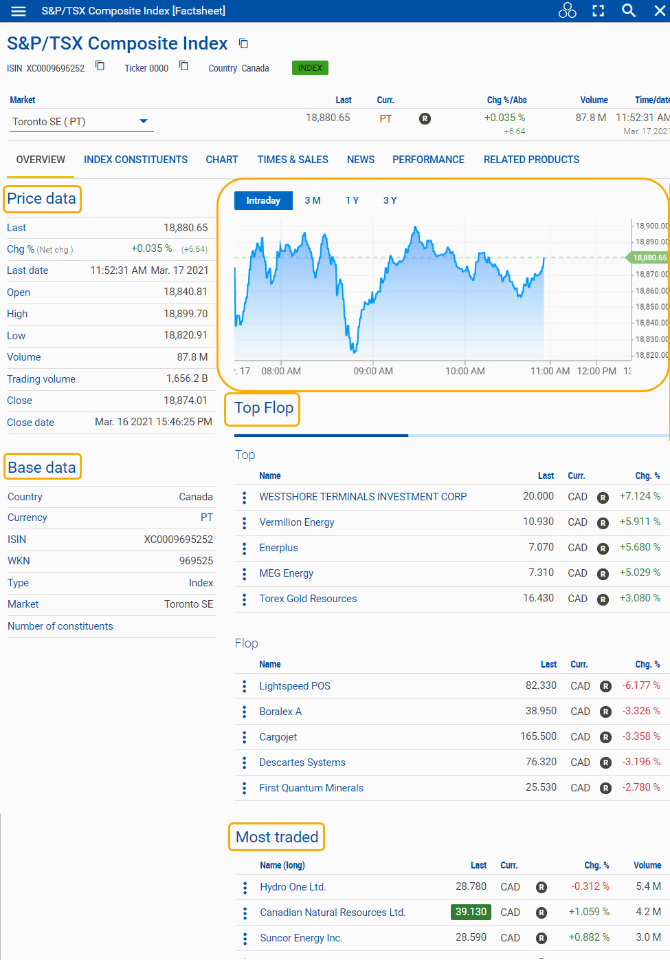 Detailed view of an index fund Factsheet. 